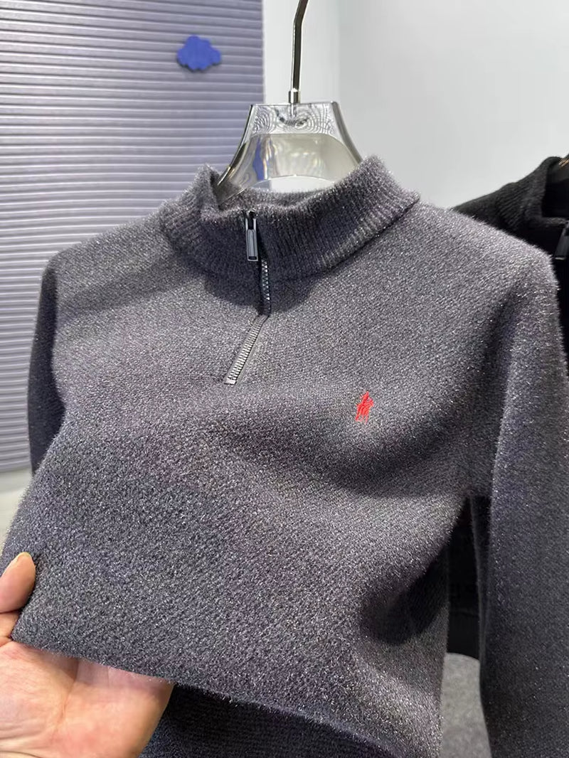 High End Half Zipper Stand up Collar Knitted Sweater Men Winter New Thick Warmth Fashion Designer Brand Pony Embroidery Pullover