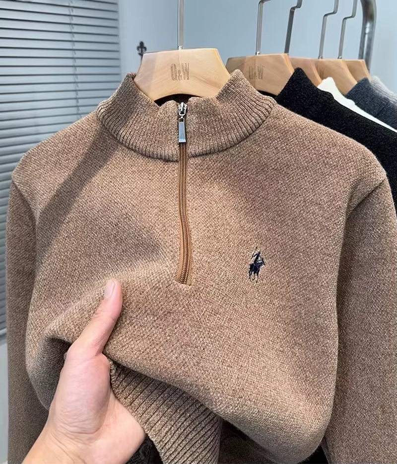 High End Half Zipper Stand up Collar Knitted Sweater Men Winter New Thick Warmth Fashion Designer Brand Pony Embroidery Pullover