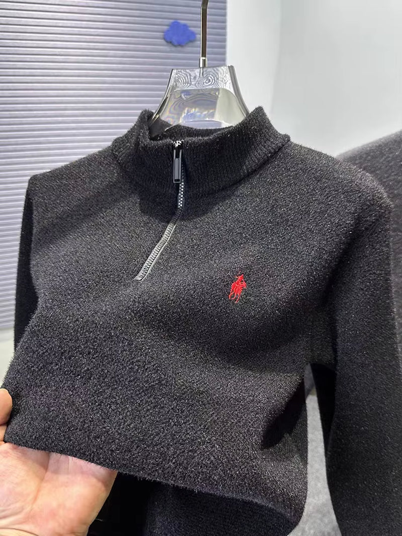 High End Half Zipper Stand up Collar Knitted Sweater Men Winter New Thick Warmth Fashion Designer Brand Pony Embroidery Pullover