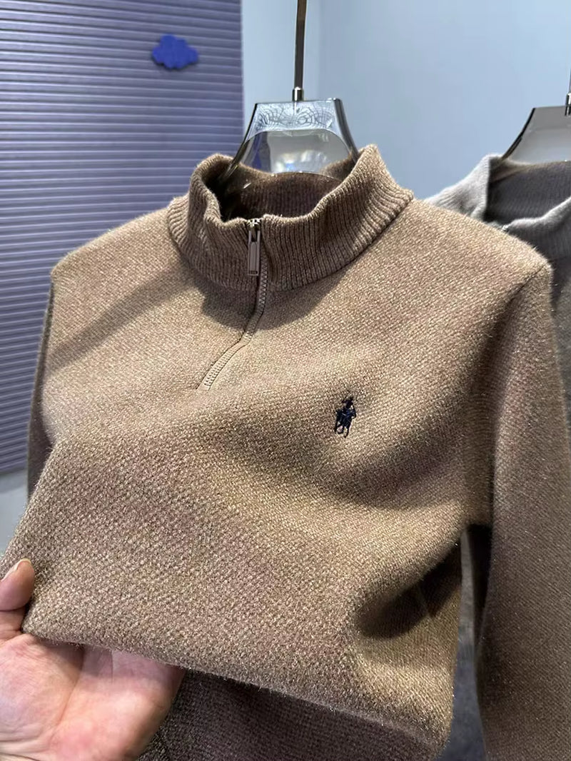 High End Half Zipper Stand up Collar Knitted Sweater Men Winter New Thick Warmth Fashion Designer Brand Pony Embroidery Pullover