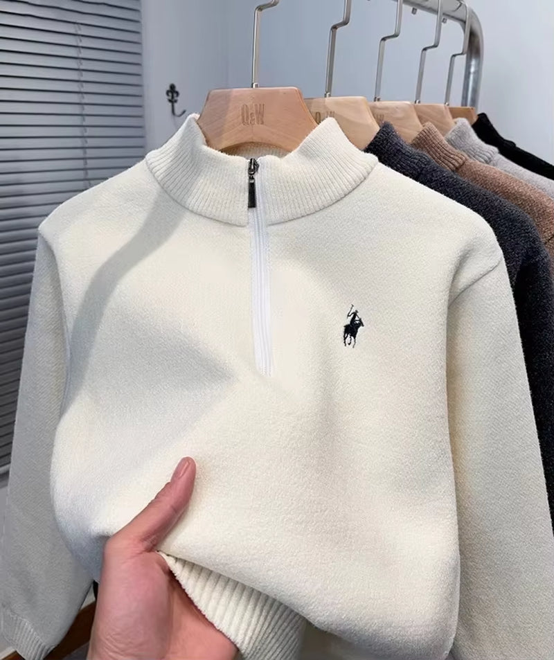 High End Half Zipper Stand up Collar Knitted Sweater Men Winter New Thick Warmth Fashion Designer Brand Pony Embroidery Pullover
