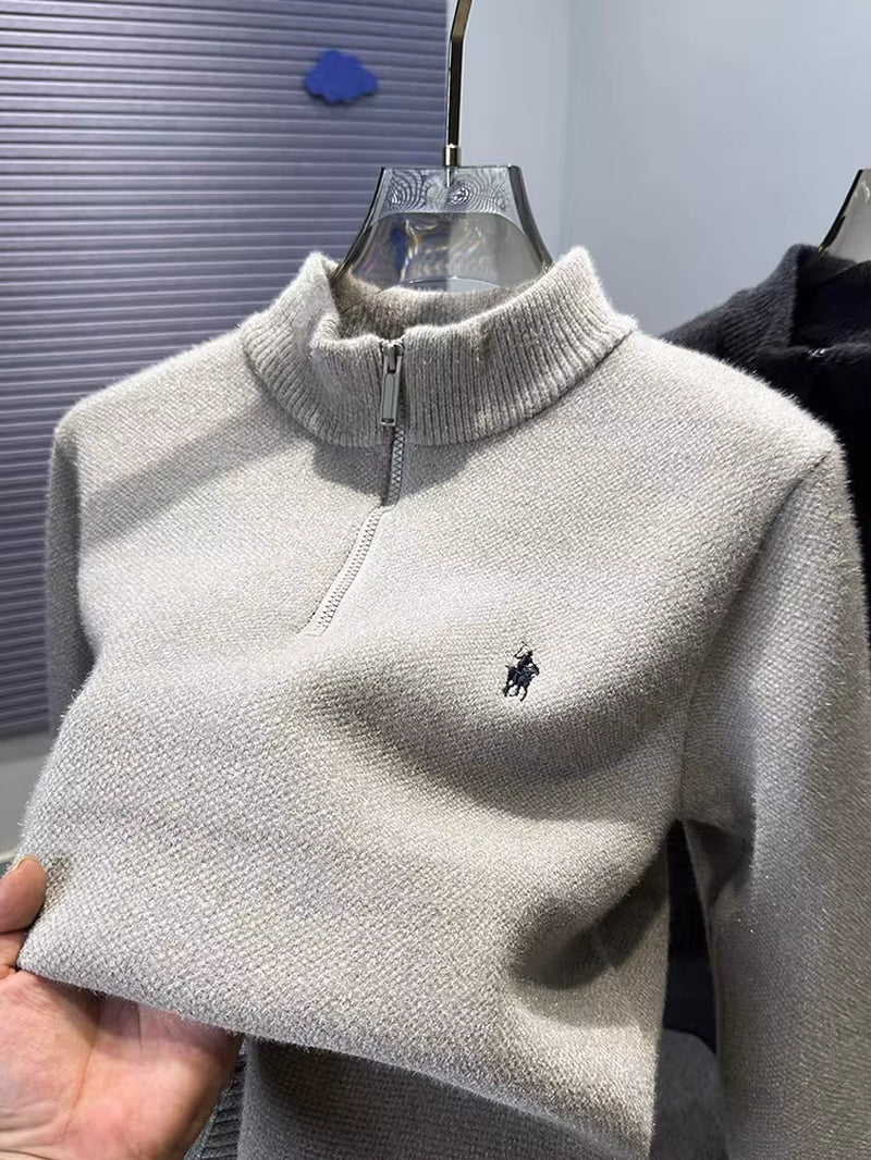 High End Half Zipper Stand up Collar Knitted Sweater Men Winter New Thick Warmth Fashion Designer Brand Pony Embroidery Pullover