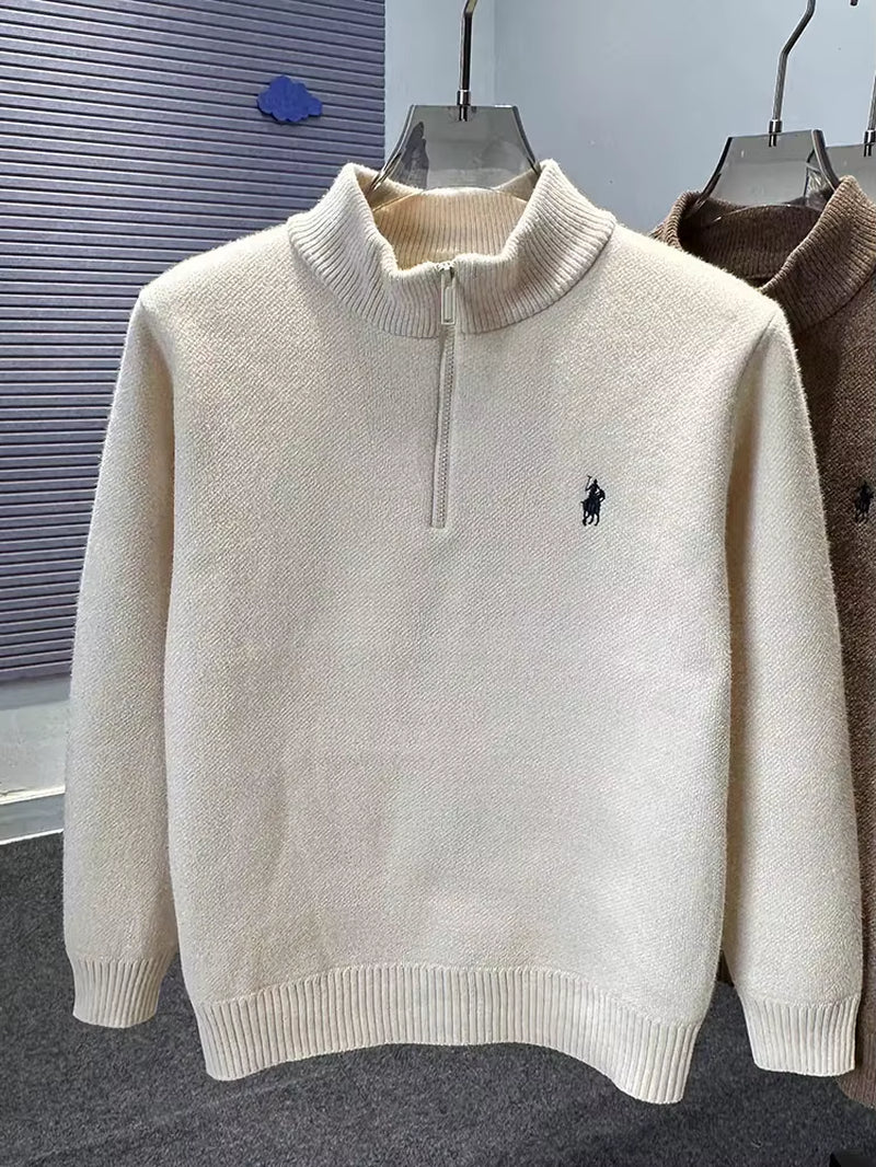 High End Half Zipper Stand up Collar Knitted Sweater Men Winter New Thick Warmth Fashion Designer Brand Pony Embroidery Pullover